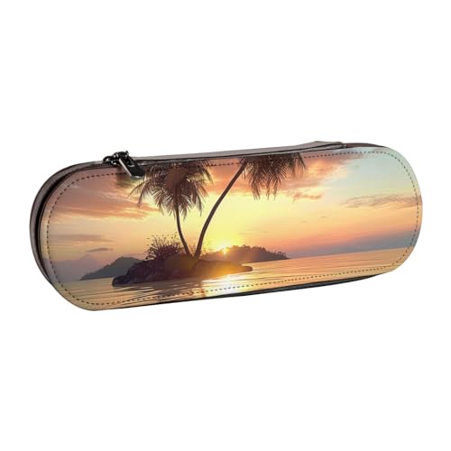 JKLQWC Sunrise Federmäppchen mit tropischer Palmeninsel, bedruckt, niedliches Federmäppchen, PU-Leder, Reißverschluss, Federmäppchen, Organizer für Büro, Schule, Reisen, Schwarz , Einheitsgröße von JKLQWC