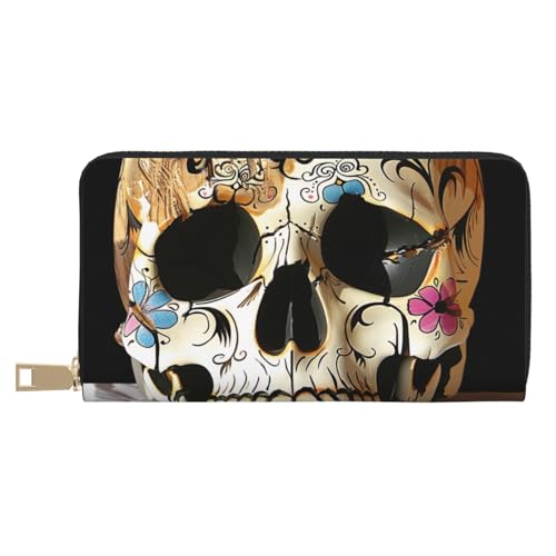 JKLQWC Totenkopf 1 bedruckte lange Geldbörse für Damen und Herren, lustige PU-Leder-Geldbörse mit Münzgeldbörse und Kartenhalter, weiß, Einheitsgröße, Modern von JKLQWC