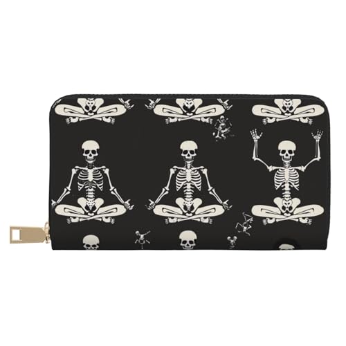 JKLQWC Totenkopf-Yoga-bedruckte lange Geldbörse für Damen und Herren, lustige PU-Leder-Geldbörse mit Münzgeldbörse und Kartenhalter, weiß, Einheitsgröße, Modern von JKLQWC