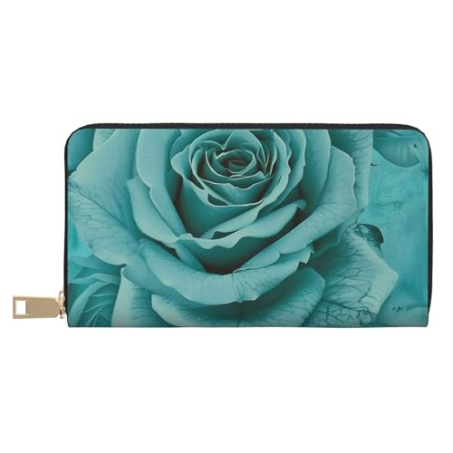JKLQWC Türkisfarbene Rose bedruckte lange Geldbörse für Damen und Herren, lustige PU-Leder-Geldbörse mit Münzgeldbörse und Kartenhalter, weiß, Einheitsgröße, Modern von JKLQWC