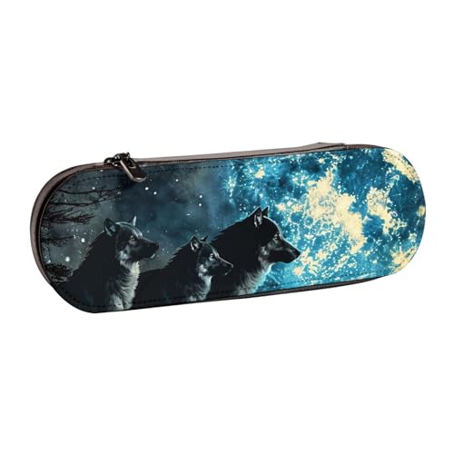 JKLQWC Wolfs bedrucktes Federmäppchen, niedliches Federmäppchen, PU-Leder, Reißverschluss, Federmäppchen, Organizer für Büro, Schule, Reisen, Schwarz , Einheitsgröße, Schulranzen von JKLQWC