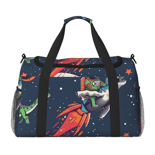 Lustige Reisetasche mit süßem Dinosaurier-Raketen-Druck, für Männer und Frauen, große Sporttasche, Handtasche mit Schultergurt, für Reisen, Wochenende, Angeln, Jagd, Schwarz , Einheitsgröße von JKLQWC