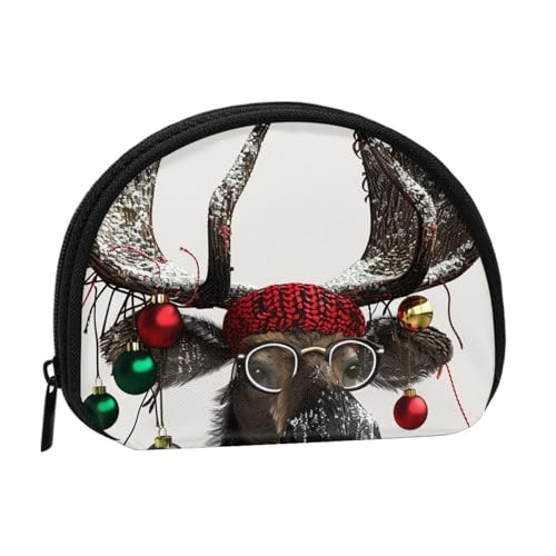 Lustige Weihnachts-Elch-bedruckte Münzgeldbörse für Damen, niedlich, kleine Kleingeldbörse, Mini-Münzgeldbörse, Beutel mit Reißverschluss, Schwarz , Einheitsgröße, Münztasche von JKLQWC