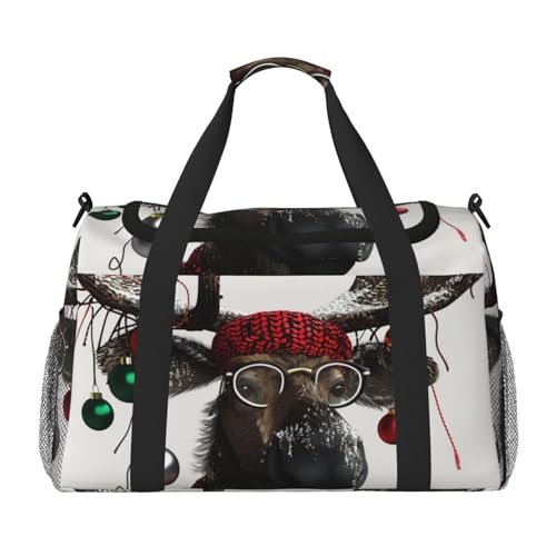 Lustiger Weihnachts-Elch bedruckte Reisetasche für Männer und Frauen, große Sporttasche, Handtasche mit Schultergurt, für Reisen, Wochenende, Angeln, Jagd, Schwarz , Einheitsgröße, Reisetasche von JKLQWC