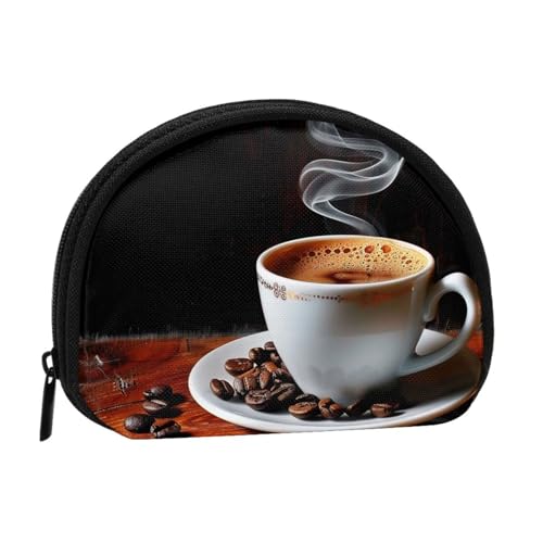 Münzgeldbörse für Damen, Motiv: Heißer Kaffee mit Kaffeebohnen, niedlich, kleine Kleingeldbörse mit Reißverschluss, Schwarz , Einheitsgröße, Münztasche von JKLQWC