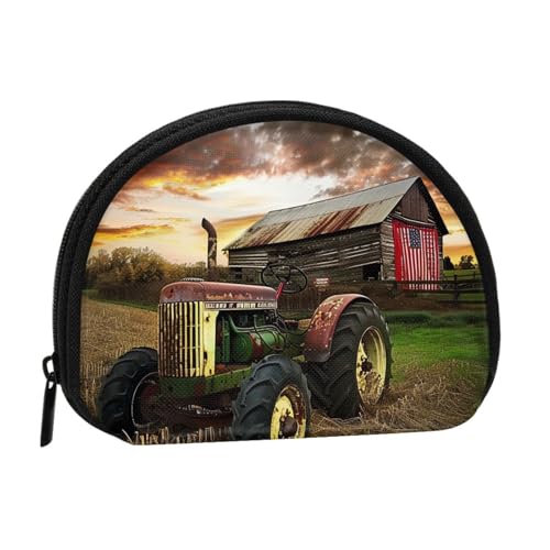 Münzgeldbörse mit altem Traktor und Bauernhof, bedruckt, für Damen, niedlich, kleine Kleingeldbörse mit Reißverschluss, Schwarz , Einheitsgröße, Münztasche von JKLQWC
