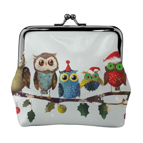Niedliche Weihnachts-Eulen auf Ast, bedruckte Münzbörse für Frauen, niedliches PU-Leder, Münzgeldbörse mit Kussverschluss, Schwarz , Einheitsgröße, Modern von JKLQWC