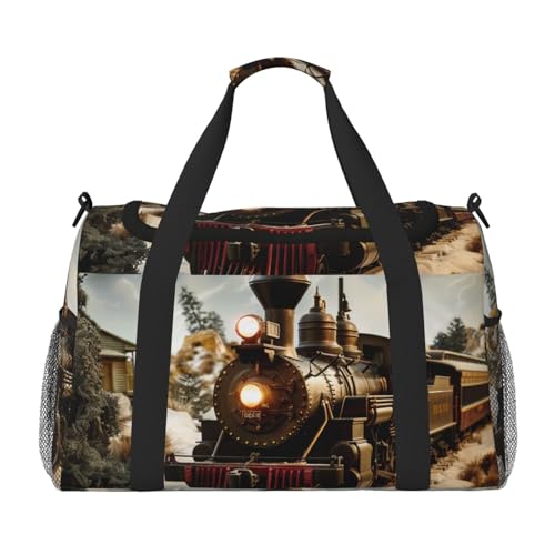 Reisetasche mit Zug- und Eisenbahn-Motiv, für Herren und Damen, groß, Sporttasche, Handtasche mit Schultergurt, für Reisen, Wochenende, Angeln, Jagd, Schwarz , Einheitsgröße, Reisetasche von JKLQWC