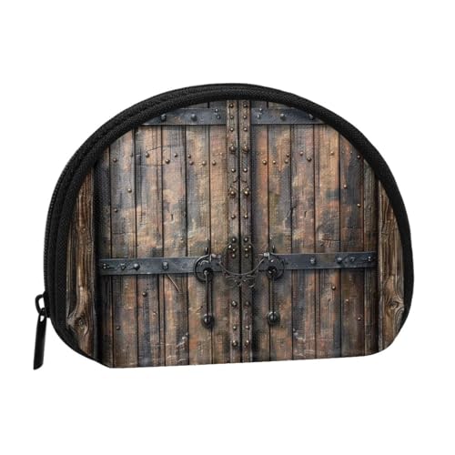 Rustikale Münzbörse mit Holztür, bedruckt, für Damen, niedlich, kleine Kleingeldbörse mit Reißverschluss, Schwarz , Einheitsgröße, Münztasche von JKLQWC