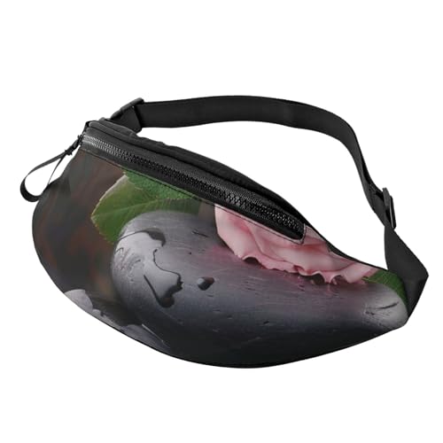 Spa-Gürteltasche mit Stein- und Rosenblumen-Aufdruck, mit Kopfhöreranschluss, personalisierte Bauchtaschen, Unisex, Laufen, Wandern, Crossbody-Tasche für Männer und Frauen, Schwarz , Einheitsgröße, von JKLQWC