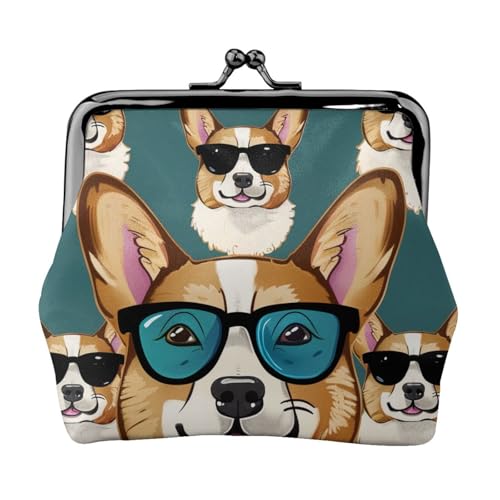 Süße Corgi-Brille und Schnurrbärte bedruckte Münzbörse für Frauen, niedliche Geldbörse aus PU-Leder, Mini-Münzgeldbörse mit Kussverschluss, Schwarz , Einheitsgröße, Modern von JKLQWC