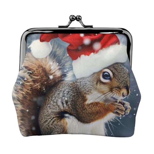 Weihnachts-Eichhörnchen-bedruckte Münzbörse für Damen, niedliches PU-Leder, Münzgeldbörse, Mini-Münzgeldbörse mit Kuss-Lock, Schwarz , Einheitsgröße, Modern von JKLQWC