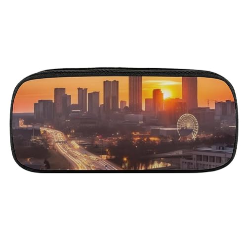 JKLQWH Federmäppchen aus PU-Leder, wasserdicht, große Kapazität, Atlanta, Stadt, Sonnenuntergang, Landschaft, Federmäppchen mit Reißverschluss, tragbares Federmäppchen für Bürobedarf, Make-up-Tasche von JKLQWH