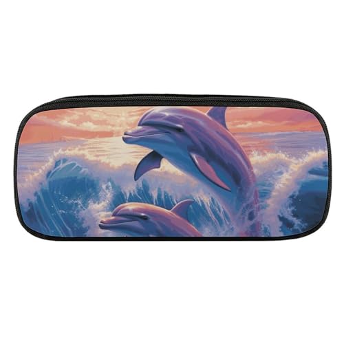JKLQWH Federmäppchen aus PU-Leder, wasserdicht, große Kapazität, Delfine, Kunst, Federmäppchen mit Reißverschluss, tragbares Federmäppchen für Bürobedarf, Make-up-Tasche von JKLQWH