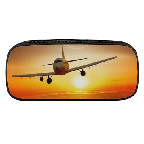 JKLQWH Federmäppchen aus PU-Leder, wasserdicht, große Kapazität, Flugzeug bei Sonnenuntergang, Federmäppchen mit Reißverschluss, tragbares Federmäppchen für Bürobedarf, Make-up-Tasche von JKLQWH
