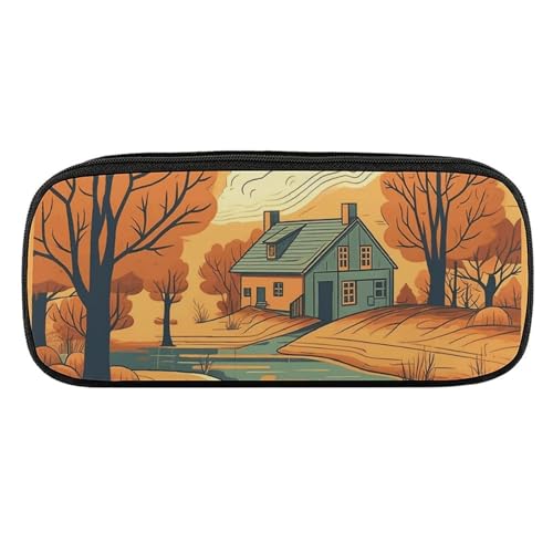 JKLQWH Federmäppchen aus PU-Leder, wasserdicht, große Kapazität, Fluss vor dem Haus, Federmäppchen mit Reißverschluss, tragbares Federmäppchen für Bürobedarf, Make-up-Tasche von JKLQWH