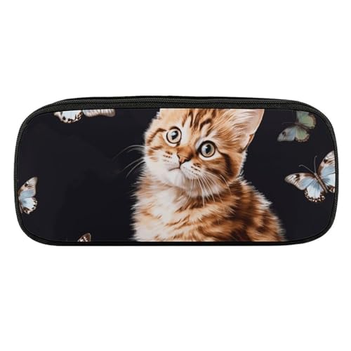JKLQWH Federmäppchen aus PU-Leder, wasserdicht, große Kapazität, Katze, Schmetterling, Federmäppchen mit Reißverschluss, tragbares Federmäppchen für Bürobedarf, Make-up-Tasche von JKLQWH