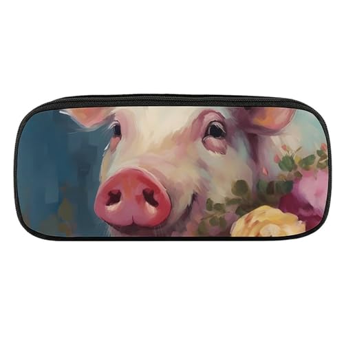 JKLQWH Federmäppchen aus PU-Leder, wasserdicht, große Kapazität, Malerei, Blume, Schweine, Federmäppchen mit Reißverschluss, tragbares Federmäppchen für Bürobedarf, Make-up-Tasche von JKLQWH