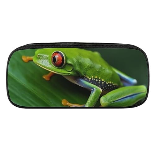 JKLQWH Federmäppchen aus PU-Leder, wasserdicht, große Kapazität, Tier, Frosch, grüne Blätter, Federmäppchen mit Reißverschluss, tragbares Federmäppchen für Bürobedarf, Make-up-Tasche von JKLQWH