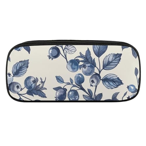 JKLQWH Federmäppchen aus PU-Leder, wasserdicht, großes Fassungsvermögen, Blaubeer-Blumenmuster, Federmäppchen mit Reißverschluss, tragbares Federmäppchen für Bürobedarf, Make-up-Tasche von JKLQWH