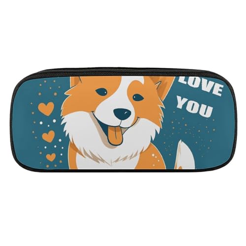 JKLQWH Federmäppchen aus PU-Leder, wasserdicht, großes Fassungsvermögen, Corgi I Love You, Federmäppchen mit Reißverschluss, tragbares Federmäppchen für Bürobedarf, Make-up-Tasche von JKLQWH