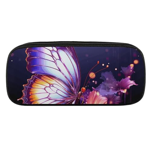 JKLQWH Federmäppchen aus PU-Leder, wasserdicht, großes Fassungsvermögen, violett, Schmetterlingsmappe, mit Reißverschluss, tragbares Federmäppchen für Bürobedarf, Make-up-Tasche von JKLQWH