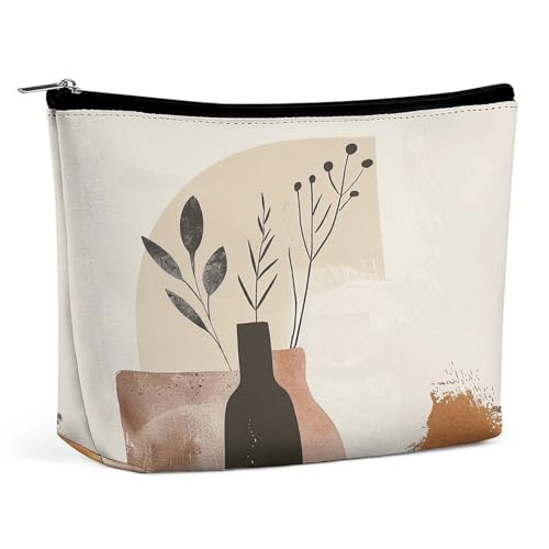 JKLQWH Make-up-Tasche aus Leder, wasserdicht, Kosmetiktasche für Damen, Beige und Braun, offene flache Kulturbeutel, tragbare Tasche mit Reißverschluss, Make-up-Organizer, Etui für Reisezubehör, Beige von JKLQWH