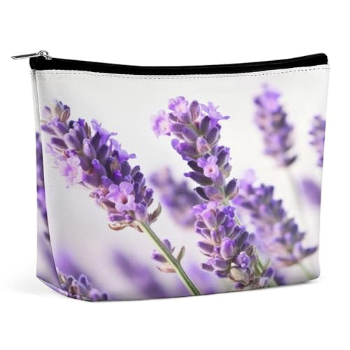 JKLQWH Make-up-Tasche aus Leder, wasserdicht, Kosmetiktasche für Damen, Lavendelblüte, offen, flach, Kulturbeutel, tragbare Tasche mit Reißverschluss, Make-up-Organizer, Etui für Reisezubehör von JKLQWH