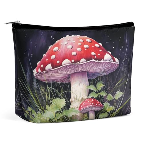 JKLQWH Make-up-Tasche aus Leder, wasserdicht, Kosmetiktasche für Damen, Pilze im Gras, offene flache Kulturbeutel, tragbare Tasche mit Reißverschluss, Make-up-Organizer, Etui für Reisezubehör, Pilze von JKLQWH