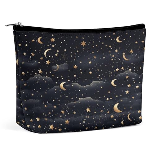 JKLQWH Make-up-Tasche aus Leder, wasserdicht, Kosmetiktasche für Damen, Sterne und Mond auf dunklem Hintergrund, offene flache Kulturbeutel, tragbare Tasche mit Reißverschluss, Make-up-Organizer für von JKLQWH