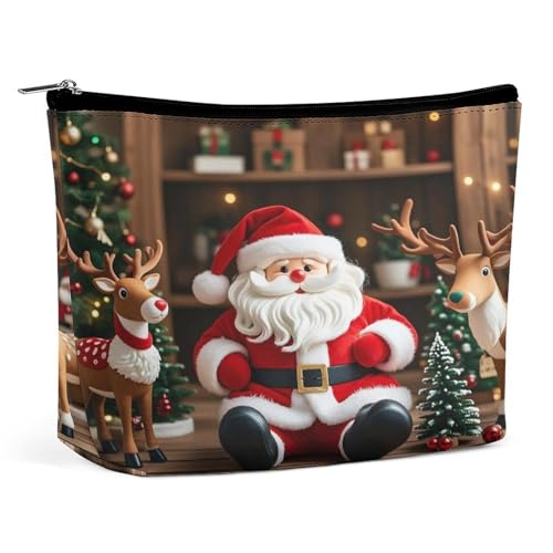 JKLQWH Make-up-Tasche aus Leder, wasserdicht, Kosmetiktasche für Damen, Weihnachtsmann-Puppe, Rentier-Modell, offene flache Kulturbeutel, tragbare Tasche mit Reißverschluss, Make-up-Organizer, Etui von JKLQWH