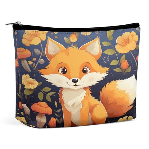 JKLQWH Make-up-Tasche aus Leder, wasserdicht, Kosmetiktasche für Damen, niedliches Tier, Fuchs, Blume, offen, flach, Kulturbeutel, tragbare Tasche mit Reißverschluss, Make-up-Organizer für von JKLQWH