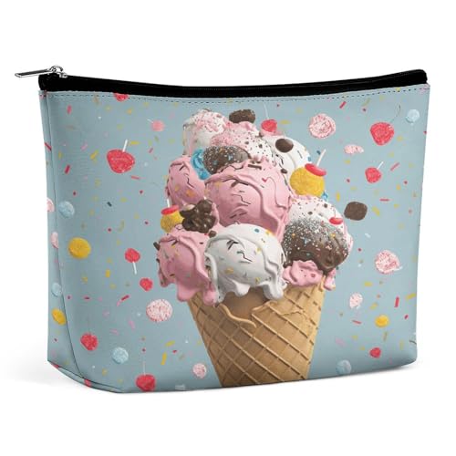 JKLQWH Make-up-Tasche aus Leder, wasserdicht, Kosmetiktasche für Damen, süßes Eis, offen, flach, Kulturbeutel, tragbare Tasche mit Reißverschluss, Make-up-Organizer, Etui für Reisezubehör, süßes Eis von JKLQWH