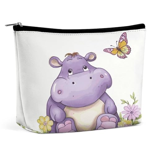 JKLQWH Make-up-Tasche aus Leder, wasserdicht, für Damen, Motiv: Schmetterling und Nilpferd, offen, flach, Kulturbeutel, tragbare Tasche mit Reißverschluss, Make-up-Organizer, Etui für Reisezubehör von JKLQWH