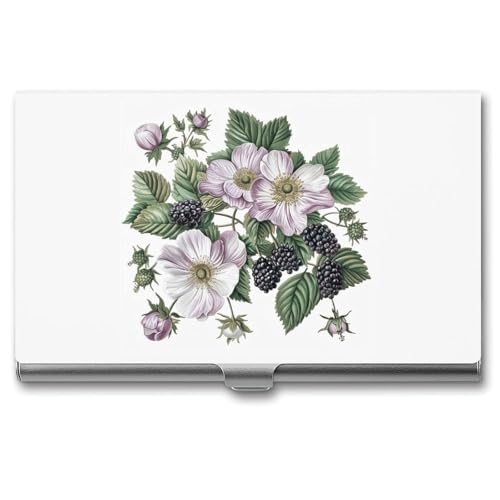 JKLQWH Visitenkartenhalter, Visitenkarten-Organizer, mit Blumen und Brombeeren, bedruckter Taschenkartenhalter für Männer oder Frauen, schmaler Metall-Namenskartenhalter, RFID-blockierendes von JKLQWH