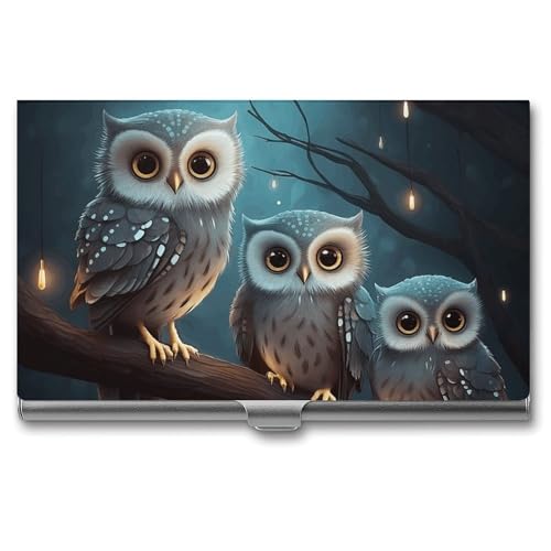 JKLQWH Visitenkartenhalter, Visitenkarten-Organizer, mit Eule auf Baum, bedruckter Taschenkartenhalter für Männer oder Frauen, schmaler Metall-Namenskartenhalter, RFID-blockierendes Visitenkartenetui, von JKLQWH