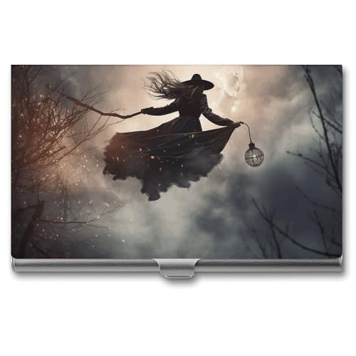 JKLQWH Visitenkartenhalter, Visitenkarten-Organizer, mit Hexenflug, bedruckter Taschenkartenhalter für Männer oder Frauen, schmaler Metall-Namenskartenhalter, RFID-blockierendes Visitenkartenetui, von JKLQWH