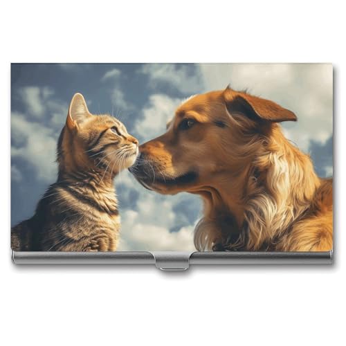 JKLQWH Visitenkartenhalter, Visitenkarten-Organizer, mit Hund und Katze von Angesicht zu Angesicht, bedruckte Taschenkartenhalter für Männer oder Frauen, schmaler Metall-Namenskartenhalter, von JKLQWH