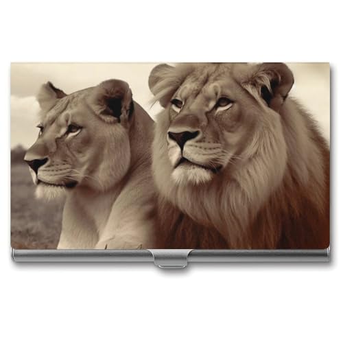 JKLQWH Visitenkartenhalter, Visitenkarten-Organizer, mit afrikanischem Löwe und Löwin bedruckten Taschenkartenhalter für Männer oder Frauen, schmaler Metall-Namenskartenhalter, RFID-blockierendes von JKLQWH