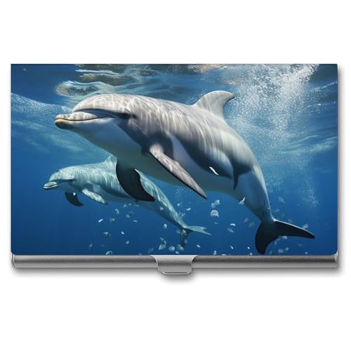 JKLQWH Visitenkartenhalter, Visitenkarten-Organizer, mit niedlichen Delfinen, bedruckten Taschenkartenhalter für Männer oder Frauen, schmaler Metall-Namenskartenhalter, RFID-blockierendes von JKLQWH