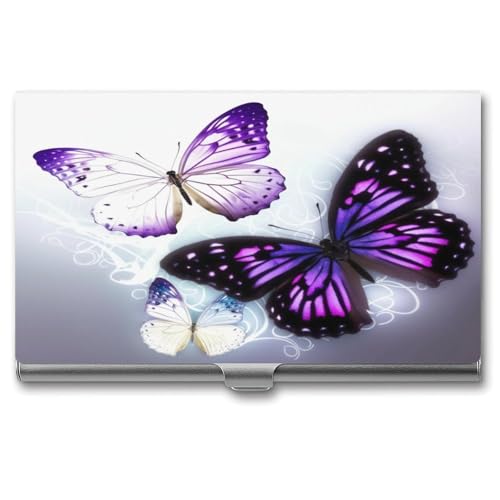 JKLQWH Visitenkartenhalter, Visitenkarten-Organizer, mit weiß-violetten Schmetterlingen, bedruckter Taschenkartenhalter für Männer oder Frauen, schmaler Metall-Namenskartenhalter, RFID-blockierendes von JKLQWH