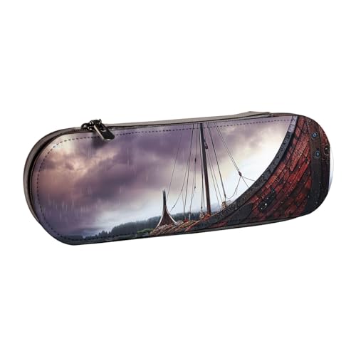 JKSEEPYN Ancient Times Federmäppchen und Make-up-Tasche mit Boot-Motiv, aus Leder, stilvoller Organizer für Schule, Büro und Reisen, Schwarz , Einheitsgröße, Schulranzen von JKSEEPYN