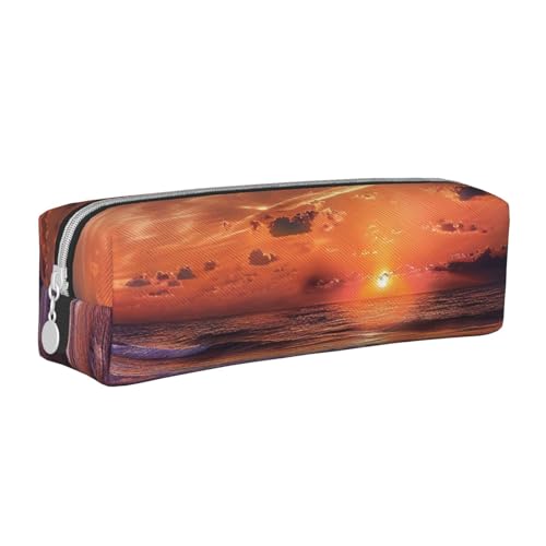 JKSEEPYN Bedrucktes Federmäppchen aus Leder mit Reißverschluss am Strand und Sonnenaufgang, minimalistisches, ultradünnes Design, Schulmäppchen, Kosmetiktasche, weiß, Einheitsgröße, Taschen-Organizer von JKSEEPYN