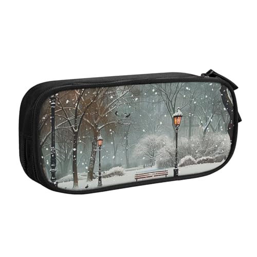 JKSEEPYN Bedrucktes Federmäppchen mit Aufschrift "Snow Falling in The Park", schwarz, Make-up-Organizer, doppellagige Reißverschlusstasche mit Stiftfächern und Taschen für Büro, Reisen oder Schule, von JKSEEPYN