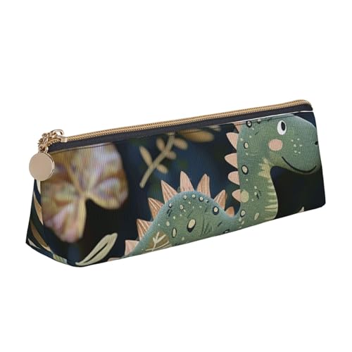 JKSEEPYN Bedrucktes Federmäppchen mit Feuerwerk bei Nacht für Studenten, Mädchen, Jungen, dreieckig, PVC-Leder, Schreibwaren-Organizer, Make-up-Tasche für Schule, Büro, Reisen, Niedlicher Dinosaurier von JKSEEPYN