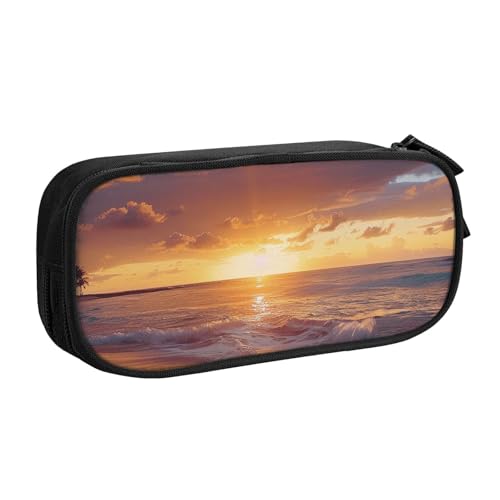 JKSEEPYN Bedrucktes Federmäppchen mit Sonnenuntergang am Strand, schwarz, Make-up-Organizer, doppellagige Reißverschlusstasche mit Stiftfächern und Taschen für Büro, Reisen oder Schule, Schwarz , von JKSEEPYN
