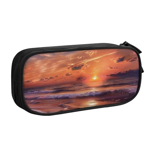 JKSEEPYN Bedrucktes Federmäppchen mit Strand-Sonnenaufgang, schwarz, Make-up-Organizer, doppellagige Reißverschlusstasche mit Stiftfächern und Taschen für Büro, Reisen oder Schule, Schwarz , von JKSEEPYN