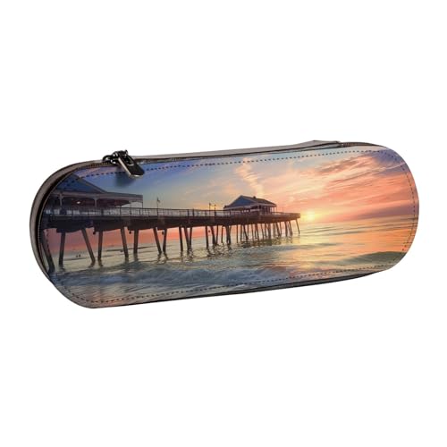 JKSEEPYN Bedrucktes Hartschalen-Federmäppchen und Make-up-Tasche, Motiv: Sonnenuntergang an der Strandbrücke, stilvoller Organizer für Schule, Büro und Reisen, Schwarz , Einheitsgröße, Schulranzen von JKSEEPYN