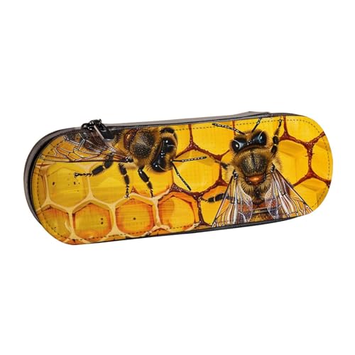JKSEEPYN Bee On Federmäppchen und Make-up-Tasche aus Leder mit Wabenmuster, stilvoller Organizer für Schule, Büro und Reisen, Schwarz , Einheitsgröße, Schulranzen von JKSEEPYN