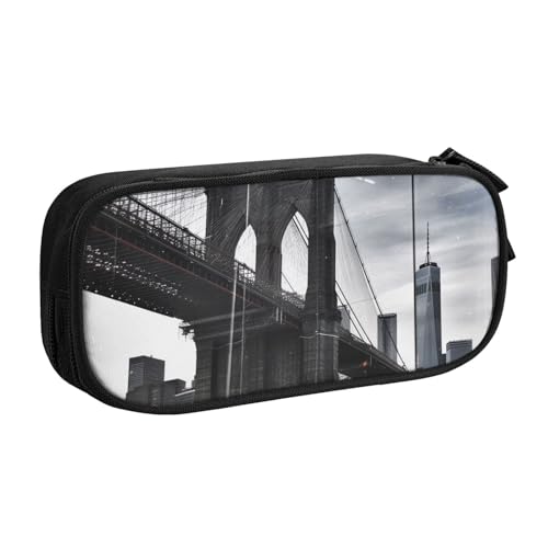 JKSEEPYN Brooklyn Bridge bedrucktes Federmäppchen, schwarz, Make-up-Organizer, doppellagige Reißverschlusstasche mit Stiftfächern und Taschen, für Büro, Reisen oder Schule, Schwarz , Einheitsgröße, von JKSEEPYN